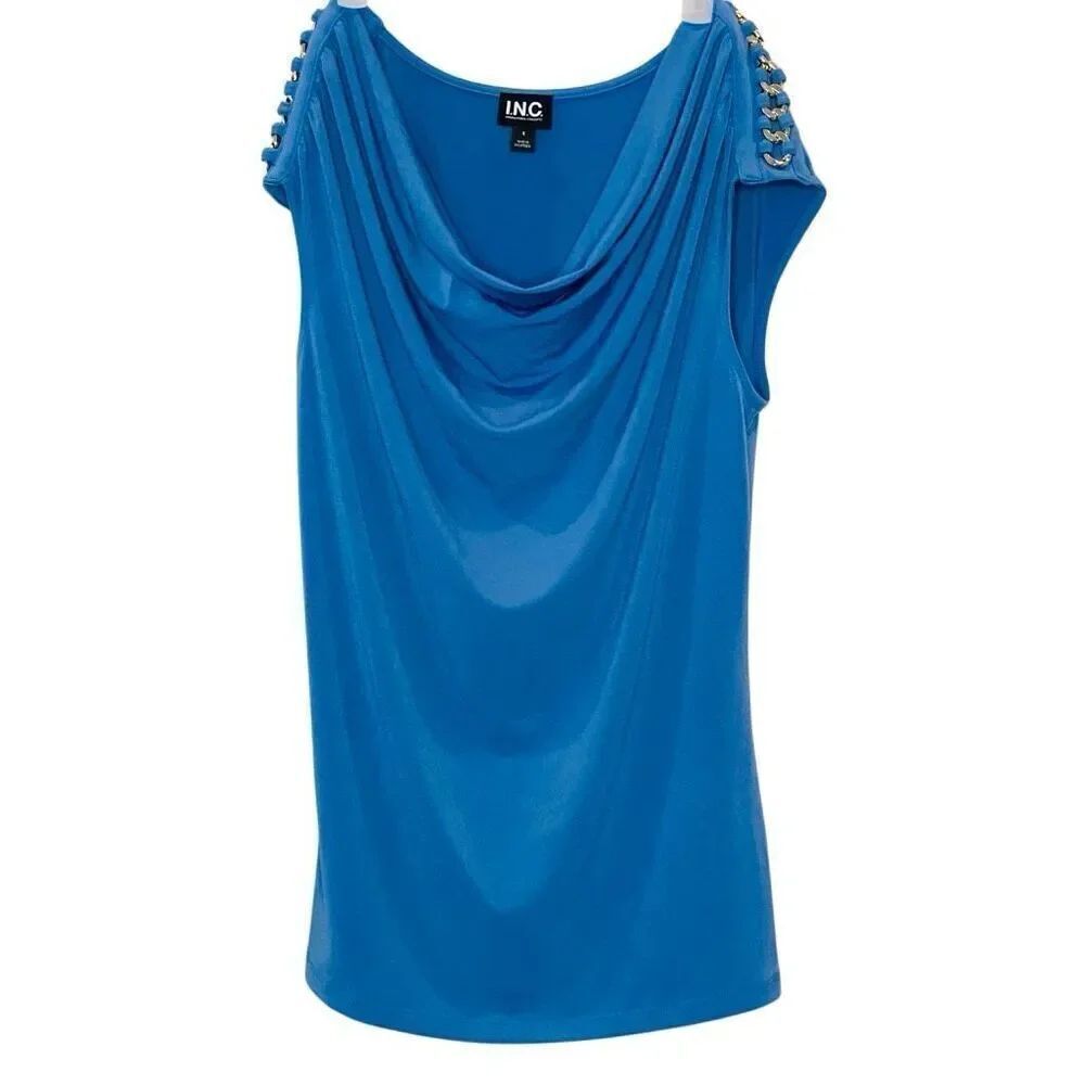 INC International Concepts Cowl Neck Laced Chain Shoulder Top Blue Size Small